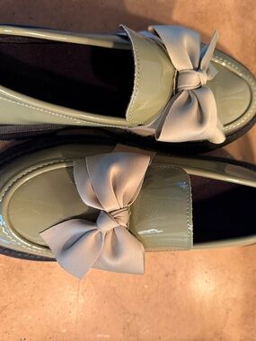 Patent Sage Green Platform Loafer with Cream Bow Accent